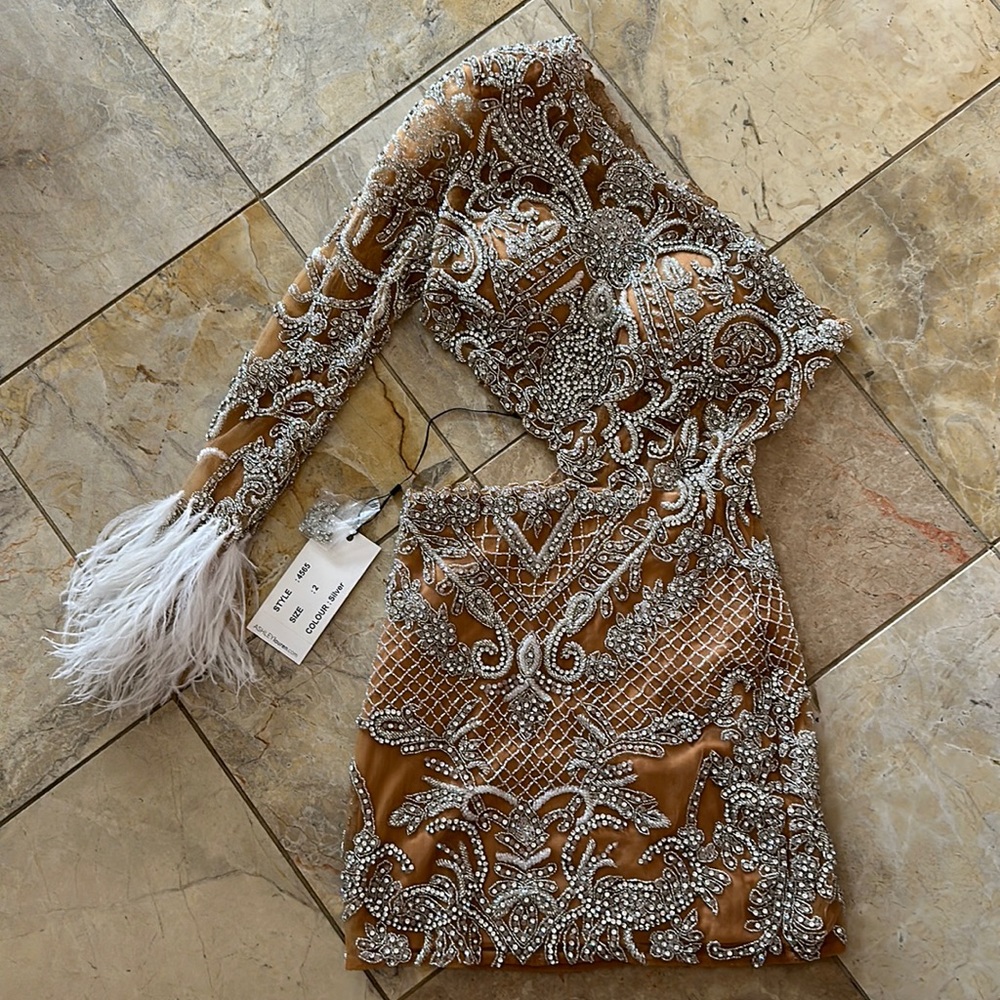 Elegant One Shoulder Beaded Dress - Silver and Tan